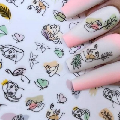 Autocolantes para unhas com desenhos minimalistas de rostos e folhas coloridas nas unhas