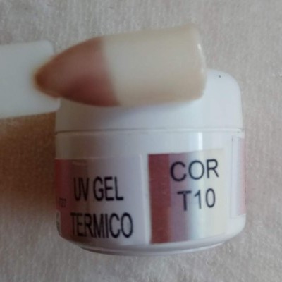 Pote de gel UV térmico cor T10 com amostra da cor num palito