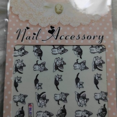 Pacote de acessórios para unhas com ilustrações de gatos a preto e branco