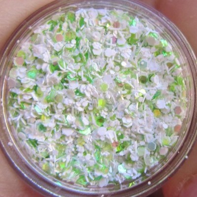 Pote redondo com glitter holográfico branco e verde