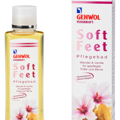 Frasco e caixa do Gehwol Soft Feet Pflegebad com ilustração de flores e amêndoas