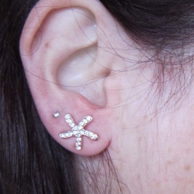 Orelha com brinco em forma de estrela do mar prateado com pedras brilhantes