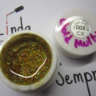 Frasco de glitter dourado holográfico para unhas com etiqueta e escrita rosa sobre papel com texto.