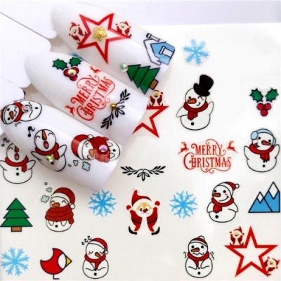 Decoração de unhas natalícias com bonecos de neve, Papai Noel, árvores, flocos de neve e texto