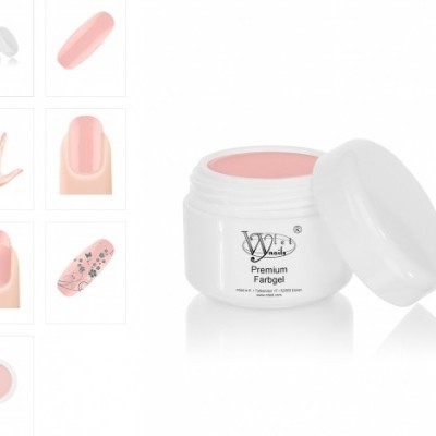 Pote aberto de verniz de gel rosa nude com seis imagens de unhas com verniz aplicado