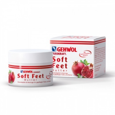 Frasco e caixa do creme para pés GEHWOL Soft Feet Butter com imagem de romã