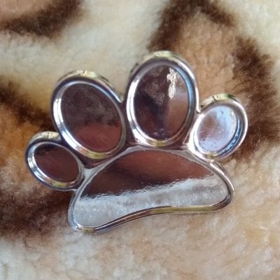 Acessório metálico em forma de pata de animal sobre superfície peluda bege com manchas castanhas