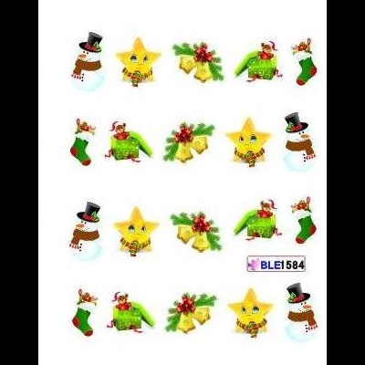 Adesivos de Natal com boneco de neve, estrela, sino e meia coloridos em padrão repetido.