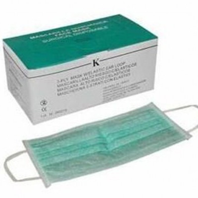 Máscara médica descartável verde com elásticos e caixa correspondente