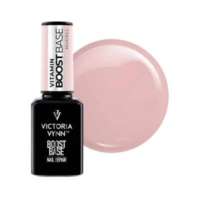 Frasco de verniz Victoria Vynn Boost Base com amostra circular da cor rosa nude