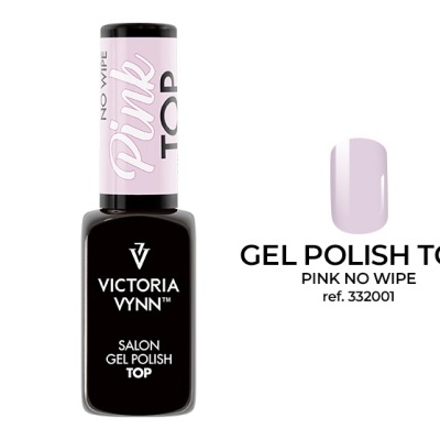 Frasco de verniz de gel preto Victoria Vynn com rótulo rosa e texto e amostra de cor rosa