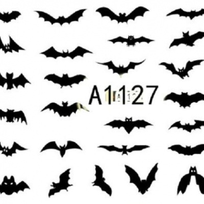 Silhuetas pretas de morcegos em fundo branco com texto A11127