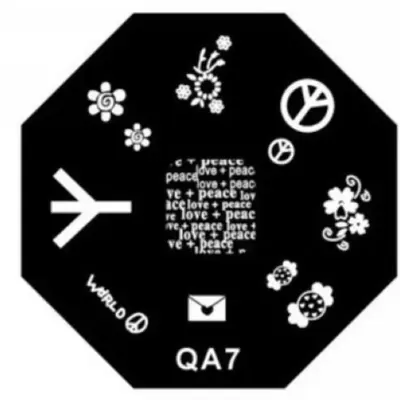 Disco de carimbo para unhas octogonal com símbolos de paz e flores em branco