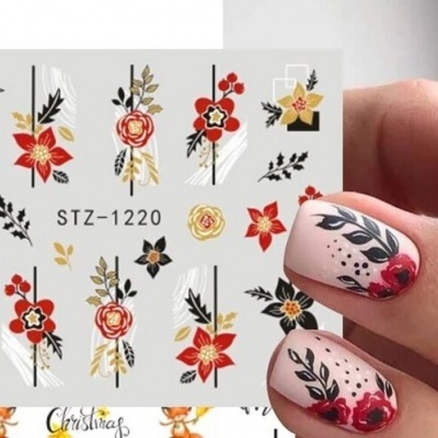 Folha de decalques para unhas com padrões florais e código STZ-1220 em frente a mão com unhas decoradas.