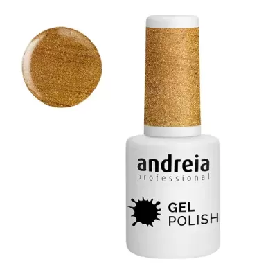 Frasco de verniz gel dourado da marca andreia professional
