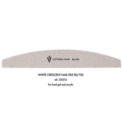 Lima de unhas branca meia-lua com texto impresso e fundo branco