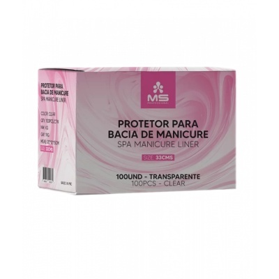 Caixa rosa de protetor para bacia de manicure com texto explicativo.