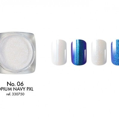 pó para unhas branco perolado em frasco quadrado com amostras decoradas em azul e branco