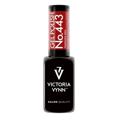 Frasco de verniz em gel preto com rótulo vermelho VICTORIA VYNN No.443.