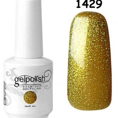 Verniz gel dourado com frasco branco e amostra da cor 1429