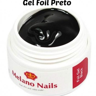 Pote branco aberto com gel preto dentro, rótulo Melano Nails e texto Foil Gel Black