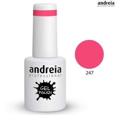 frasco de verniz gel unhas Andreia Professional branco com tampa e amostra de cor rosa 247