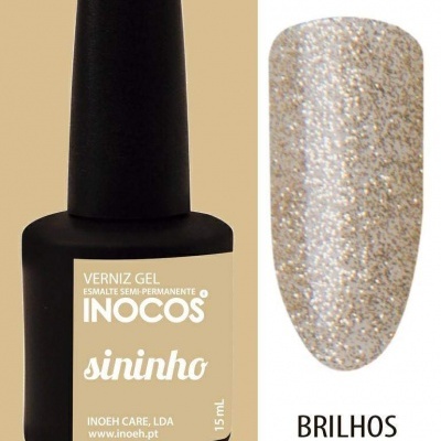 Frasco de verniz gel INOCOS sininho com amostra brilhante dourada