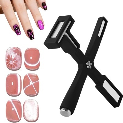 Unhas postiças rosa e branca com padrões e ferramenta preta em forma de X