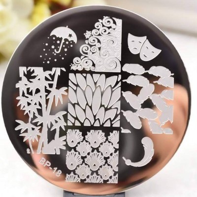 Placa redonda metálica para carimbos de unhas com desenhos variados em branco