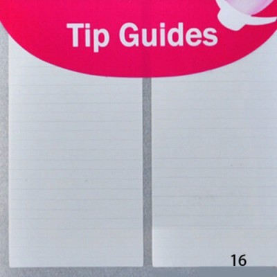 Embalagem de Tip Guides para unhas com fundo branco e rosa, tiras transparentes e número 16