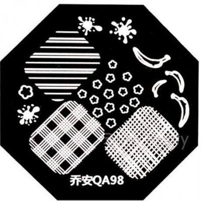 Placa preta de carimbo para unhas com padrões brancos variados e código 乔安QA98.