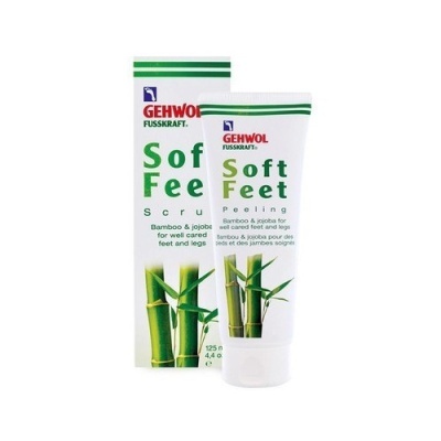 Embalagem e tubo do GEHWOL Soft Feet Peeling com ilustração de bambu e texto verde e vermelho