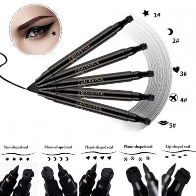Cinco canetas de maquilhagem preta com diferentes formatos de selo na ponta para aplicar desenhos variados no olho.
