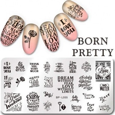 Placas metálicas para carimbos de unhas com textos e desenhos decorativos e unhas postiças decoradas