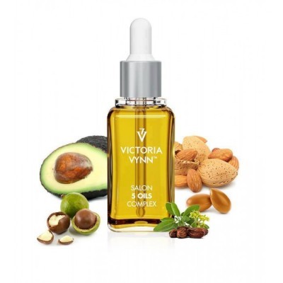 Frasco de óleo Victoria Vynn Salon 5 Oils Complex com abacate e amêndoas ao redor