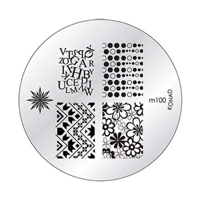 Disco metálico redondo para carimbos de unhas com vários padrões em preto e branco.