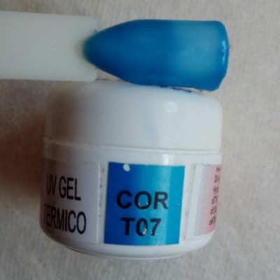 Frasco de gel UV térmico branco com amostra azul no palito