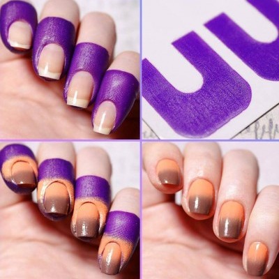Acessório roxo para unhas facilitando a pintura bicolor laranja e castanho