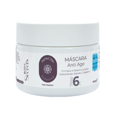 Frasco branco de máscara facial anti-age Body Secrets com texto e selo azul