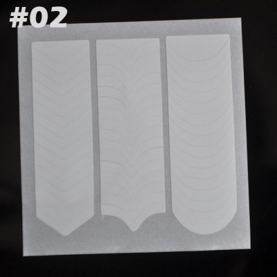 Três adesivos transparentes recortados em diferentes formatos, sobre fundo cinza e superfície preta, texto #02