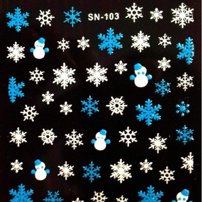 Decalques para unhas com flocos de neve e bonecos de neve sobre fundo preto
