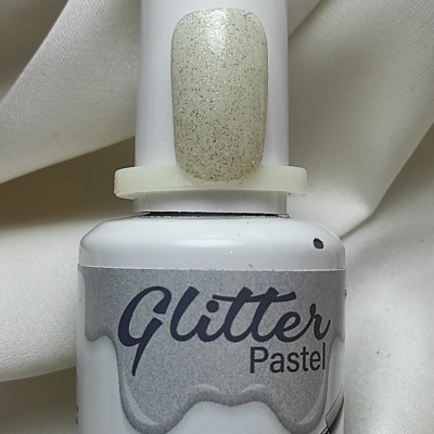 Frasco de verniz para unhas branco glitter pastel com texto e amostra da cor branca com glitter