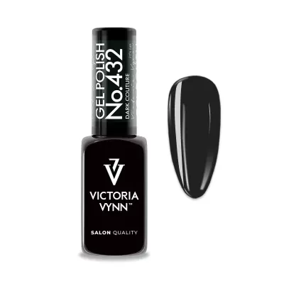 Frasco de verniz gel preto VICTORIA VYNN No. 432 e amostra de cor numa unha artificial