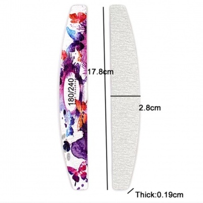 Lima de unhas com padrão colorido de borboletas e texto 180/240 e dimensões