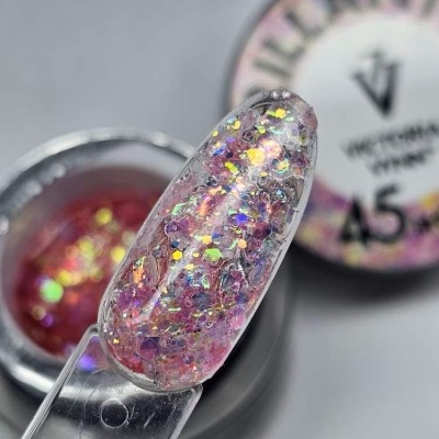 Gel de unhas rosa com glitter holográfico em frasco preto com tampa branca