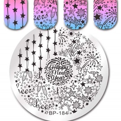 Placa metálica redonda para carimbos de unhas com design de Ano Novo e exemplos coloridos