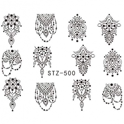 Padrões decorativos pretos de tatuagem temporária em fundo branco com código STZ-500