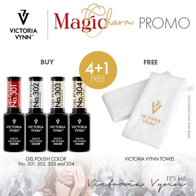 Promoção Magic Charm PROMO com cinco vernizes gel polish color No. 301, 302, 303, 304 da Victoria Vynn e duas toalhas brancas Victoria Vynn.