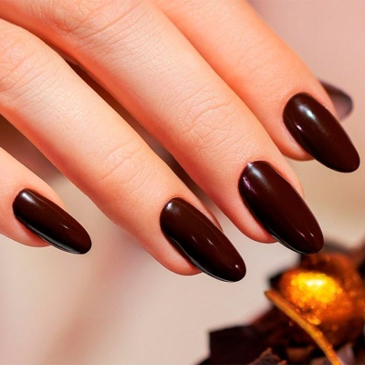 Unhas compridas castanho escuro brilhante em mão feminina