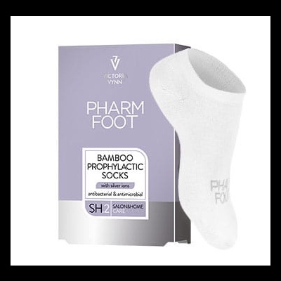 Meias brancas Pharm Foot Bamboo e embalagem lilás Victoria Vynn